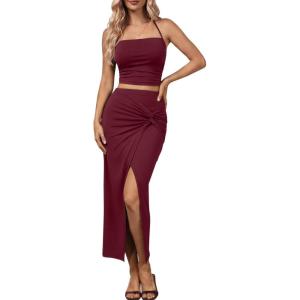 imageTrendy Queen Womens Ruched Halter Crop Top and Bodycon Long Skirt 2 Piece Set for Going Out Summer Vacation Outfit 2026Burgundy