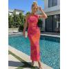 imageTrendy Queen Womens One Shoulder Maxi Bodycon Mesh Ruched Floral Beach Cocktail Wedding Guest Dress with Side SlitFloral Orange