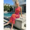 imageTrendy Queen Womens One Shoulder Maxi Bodycon Mesh Ruched Floral Beach Cocktail Wedding Guest Dress with Side SlitFloral Orange