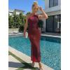 imageTrendy Queen Womens One Shoulder Maxi Bodycon Mesh Ruched Floral Beach Cocktail Wedding Guest Dress with Side SlitFloral Red