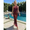 imageTrendy Queen Womens One Shoulder Maxi Bodycon Mesh Ruched Floral Beach Cocktail Wedding Guest Dress with Side SlitFloral Red