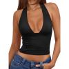 imageTrendy Queen Double Lined Halter Top for Women Open Back Backless Deep V Neck Crop Top Summer Teen Going Out Party ClubbingBlack