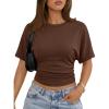 imageTrendy Queen Womens Crewneck Short Sleeve Cinched Waist Ruched Tops Casual Slim Fitted Basic Shirts Workout Summer ClothesChocolate