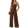 imageTrendy Queen Womens One Piece Strapless Jumpsuit 2026 Casual Ruched Tube Top Wide Leg Romper Beach Vacation Summer OutfitsBrown