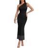 imageTrendy Queen Womens One Shoulder Maxi Bodycon Mesh Ruched Floral Beach Cocktail Wedding Guest Dress with Side SlitBlack