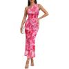 imageTrendy Queen Womens One Shoulder Maxi Bodycon Mesh Ruched Floral Beach Cocktail Wedding Guest Dress with Side SlitFloral Pink