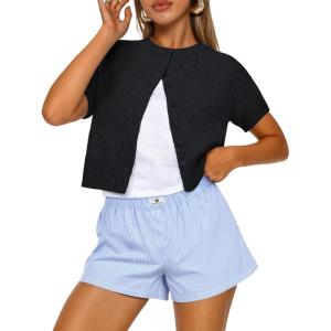 imageTrendy Queen Cropped Short Sleeve Cardigan Sweaters for Women Summer Lightweight Spring Outfits Y2k Fashion Clothes 2026Black