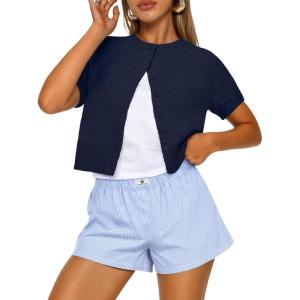 imageTrendy Queen Cropped Short Sleeve Cardigan Sweaters for Women Summer Lightweight Spring Outfits Y2k Fashion Clothes 2026Navy Blue