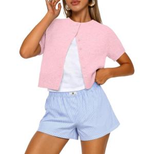 imageTrendy Queen Cropped Short Sleeve Cardigan Sweaters for Women Summer Lightweight Spring Outfits Y2k Fashion Clothes 2026Pink