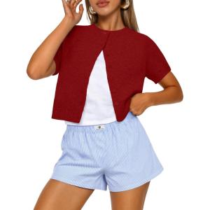 imageTrendy Queen Cropped Short Sleeve Cardigan Sweaters for Women Summer Lightweight Spring Outfits Y2k Fashion Clothes 2026Red