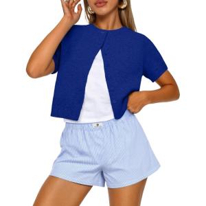 imageTrendy Queen Cropped Short Sleeve Cardigan Sweaters for Women Summer Lightweight Spring Outfits Y2k Fashion Clothes 2026Royal Blue