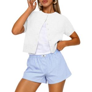 imageTrendy Queen Cropped Short Sleeve Cardigan Sweaters for Women Summer Lightweight Spring Outfits Y2k Fashion Clothes 2026White