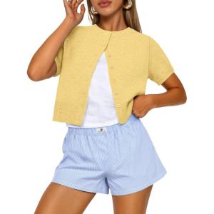 imageTrendy Queen Cropped Short Sleeve Cardigan Sweaters for Women Summer Lightweight Spring Outfits Y2k Fashion Clothes 2026Yellow