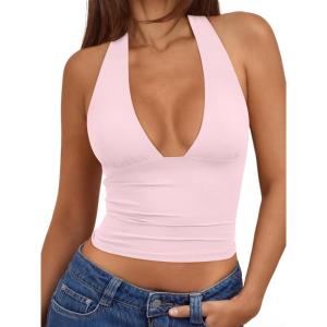 imageTrendy Queen Double Lined Halter Top for Women Open Back Backless Deep V Neck Crop Top Summer Teen Going Out Party ClubbingBaby Pink