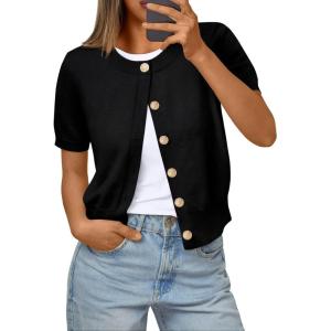 imageTrendy Queen Short Sleeve Cardigan Sweaters for Women Cropped Tops Summer 2026 Spring Outfits Cute Casual Y2k Fashion ClothesBlack