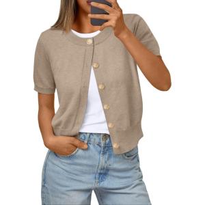 imageTrendy Queen Short Sleeve Cardigan Sweaters for Women Cropped Tops Summer 2026 Spring Outfits Cute Casual Y2k Fashion ClothesKhaki
