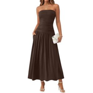 imageTrendy Queen Women Maxi Strapless Summer Tube Top Dress 2026 Ruched A Line Wedding Guest Long Sundress Spring Beach OutfitBrown