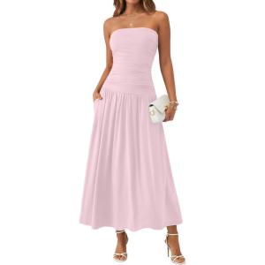 imageTrendy Queen Women Maxi Strapless Summer Tube Top Dress 2026 Ruched A Line Wedding Guest Long Sundress Spring Beach OutfitPink