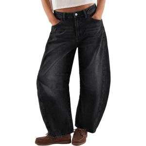 imageTrendy Queen Womens Barrel Jeans  Wide Leg amp High Waisted Denim Pants with Curved Hem and Slant PocketsBlack