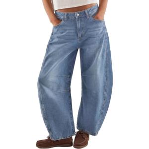 imageTrendy Queen Womens Barrel Jeans  Wide Leg amp High Waisted Denim Pants with Curved Hem and Slant PocketsIceland Blue