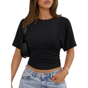 imageTrendy Queen Womens Crewneck Short Sleeve Cinched Waist Ruched Tops Casual Slim Fitted Basic Shirts Workout Summer ClothesBlack