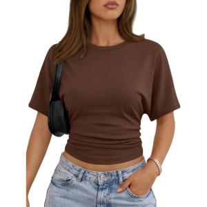 imageTrendy Queen Womens Crewneck Short Sleeve Cinched Waist Ruched Tops Casual Slim Fitted Basic Shirts Workout Summer ClothesChocolate