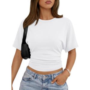 imageTrendy Queen Womens Crewneck Short Sleeve Cinched Waist Ruched Tops Casual Slim Fitted Basic Shirts Workout Summer ClothesWhite