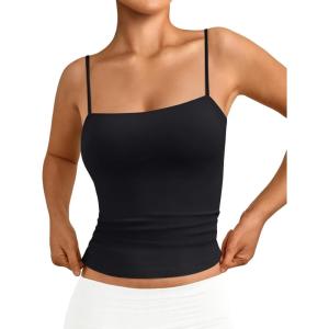 imageTrendy Queen Womens Double Lined Camisole Tank Tops  Adjustable Spaghetti Strap Sleeveless Top Basic Tank for LayeringBlack