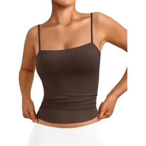 imageTrendy Queen Womens Double Lined Camisole Tank Tops  Adjustable Spaghetti Strap Sleeveless Top Basic Tank for LayeringBrown