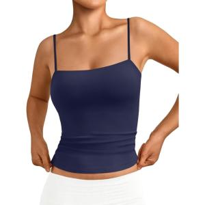 imageTrendy Queen Womens Double Lined Camisole Tank Tops  Adjustable Spaghetti Strap Sleeveless Top Basic Tank for LayeringNavy