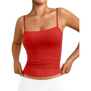 imageTrendy Queen Womens Double Lined Camisole Tank Tops  Adjustable Spaghetti Strap Sleeveless Top Basic Tank for LayeringRed