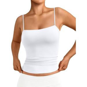 imageTrendy Queen Womens Double Lined Camisole Tank Tops  Adjustable Spaghetti Strap Sleeveless Top Basic Tank for LayeringWhite