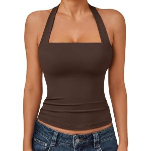 imageTrendy Queen Womens Halter Tank Tops  Square Neck Sleeveless Going Out amp Vacation TopsBrown
