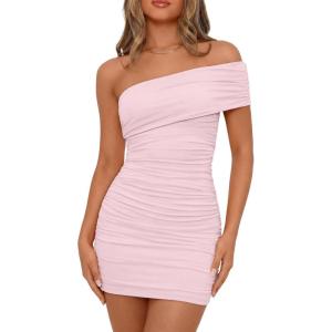 imageTrendy Queen Womens Off The Shoulder Mini Dresses Ruched Going Out Summer Bodycon Sexy Party Short Club Outfits 2026Pink