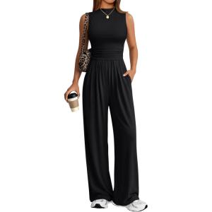 imageTrendy Queen Womens One Piece Jumpsuit  Sleeveless Mock Neck Palazzo Romper with Pockets Casual Summer OutfitsBlack