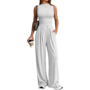 imageTrendy Queen Womens One Piece Jumpsuit  Sleeveless Mock Neck Palazzo Romper with Pockets Casual Summer OutfitsGrey