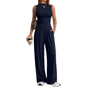 imageTrendy Queen Womens One Piece Jumpsuit  Sleeveless Mock Neck Palazzo Romper with Pockets Casual Summer OutfitsNavy