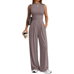 imageTrendy Queen Womens One Piece Jumpsuit  Sleeveless Mock Neck Palazzo Romper with Pockets Casual Summer OutfitsNutmeg
