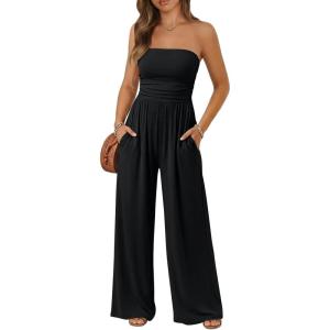 imageTrendy Queen Womens One Piece Strapless Jumpsuit 2026 Casual Ruched Tube Top Wide Leg Romper Beach Vacation Summer OutfitsBlack