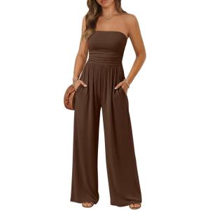 imageTrendy Queen Womens One Piece Strapless Jumpsuit 2026 Casual Ruched Tube Top Wide Leg Romper Beach Vacation Summer OutfitsBrown