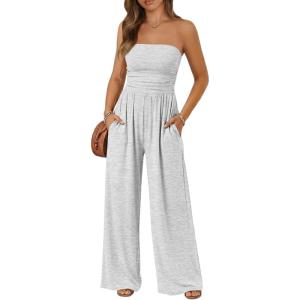 imageTrendy Queen Womens One Piece Strapless Jumpsuit 2026 Casual Ruched Tube Top Wide Leg Romper Beach Vacation Summer OutfitsGrey