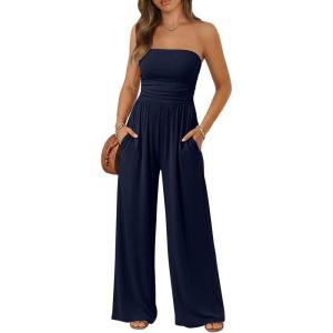 imageTrendy Queen Womens One Piece Strapless Jumpsuit 2026 Casual Ruched Tube Top Wide Leg Romper Beach Vacation Summer OutfitsNavy