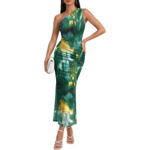 imageTrendy Queen Womens One Shoulder Maxi Bodycon Mesh Ruched Floral Beach Cocktail Wedding Guest Dress with Side SlitFloral Green