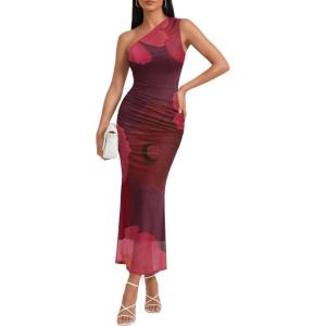 imageTrendy Queen Womens One Shoulder Maxi Bodycon Mesh Ruched Floral Beach Cocktail Wedding Guest Dress with Side SlitFloral Red