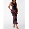 imageTrendy Queen Bodycon Maxi Dress Womens Sleeveless Floral Print Fitted Party Club Ruched Dresses with Side SlitBlack