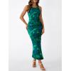 imageTrendy Queen Bodycon Maxi Dress Womens Sleeveless Floral Print Fitted Party Club Ruched Dresses with Side SlitBlue Green