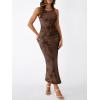 imageTrendy Queen Bodycon Maxi Dress Womens Sleeveless Floral Print Fitted Party Club Ruched Dresses with Side SlitBrown