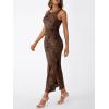 imageTrendy Queen Bodycon Maxi Dress Womens Sleeveless Floral Print Fitted Party Club Ruched Dresses with Side SlitBrown