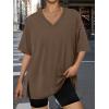 imageTrendy Queen Plus Size Oversized VNeck Tshirt Breathable Elastic Fabric Tunic for Workout Gym Casual Homing WearCoffee Brown
