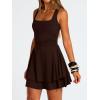 imageTrendy Queen Womens Square Neck Summer Party Flowy Ruffle Hem Ruched Waist Mini DressChocalate Brown